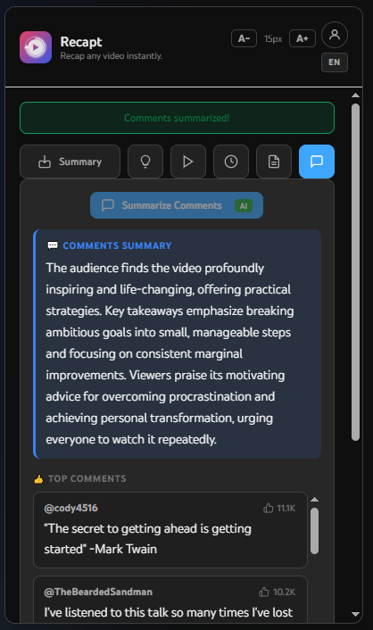 Recapt Comment Analysis — AI-powered YouTube comment discussion summary
