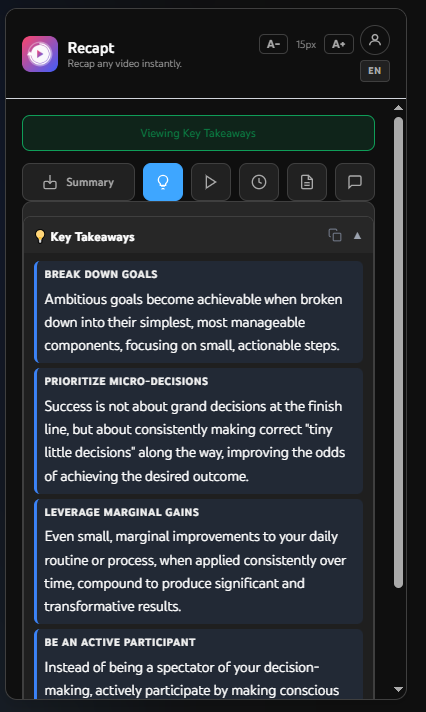 Recapt Key Takeaways — structured key lessons from a YouTube video
