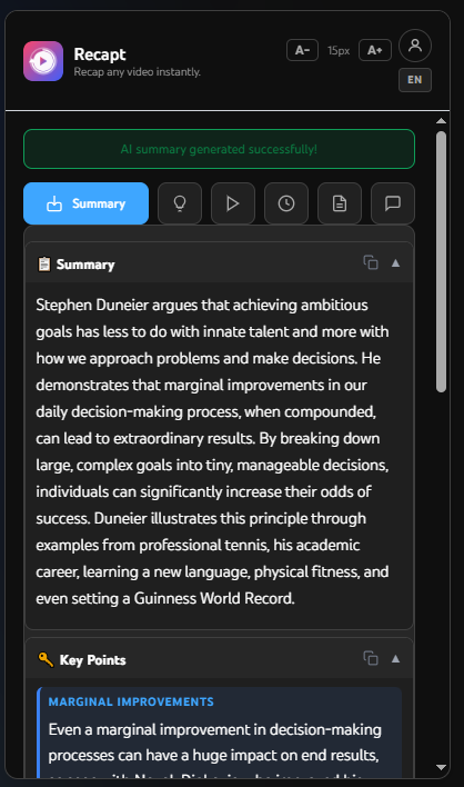 Recapt AI Summary — instant AI-generated summary of a YouTube video