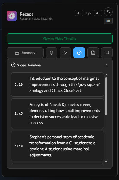 Recapt Video Timeline — AI-generated clickable chapter timeline for YouTube
