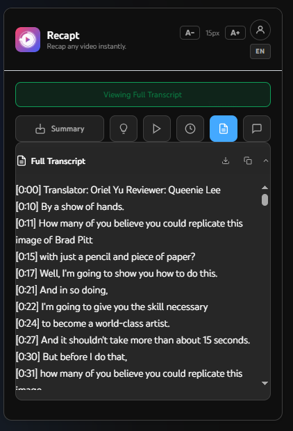 Recapt Transcript — full YouTube video transcript with timestamps