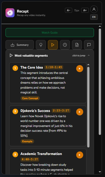 Recapt Watch Guide — AI-selected best segments of a YouTube video